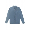 Simple Denim Shirt Solid Color Point Collar Long Sleeve Single Breasted Loose Shirt Top for Men