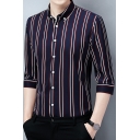 Popular Stripe Pattern Button down Collar 3/4 Sleeved Slim Fitted Button Shirt Top for Men