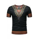 Men's Retro Tee Top Tribal Pattern Split Short Sleeves Neck Regular Fit T-Shirt