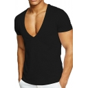 Basic Guys T-Shirt Pure Color Deep V-Neck Short-sleeved Slimming T-Shirt