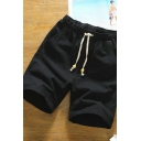 Basic Mens Shorts Pure Color Mid Rise Drawstring Waist Straight Fitted Shorts