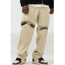Urban Mens Pants Pattern Design Mid-Rised Elasticated Waist with Drawstring Straight Fit Pants with Pocket