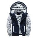 Fashionable Mens Coat Contrast Color Long-Sleeved Fleece-Lined Zip Placket Relaxed Fit Hooded Coat