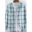 Men Casual Shirt Checked Print Point Collar Long Sleeve Single Breasted Chest Pocket Loose Shirt in Green
