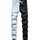 Urban Color Block Patchwork Jeans Mid-Rised Zip Closure Skinny-Fit Jeans for Men
