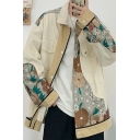 Urban Flower Pattern Turn-Down Collar Jacket Snap Button Fly Chest Pocket Design Relaxed Fitted Coat for Men