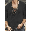 Casual Shirt Pure Color 3/4 Sleeves V-neck Lace-up Loose Fit Shirt for Men