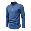 Vintage Men Polo Shirt Solid Stand Neck Long Sleeves Slimming Half Button Shirt