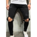 Guys Casual Jeans Plain Broken Hole Detail Zipper Mid-Rised Slimming Jeans