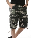 Mens Urban Shorts Camo Pattern Mid-Rised Flap Pockets Zipper Fly Detail Straight Fit Cargo Shorts