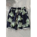 Tropical Mens Shorts Leaf Pattern Elasticated Waist with Drawstring Straight Fit Shorts