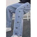 Leisure Jeans Cartoon Pattern Mid-Rise Zipper Closure Full Length Relaxed Straight Jeans for Men