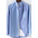 Stylish Blue Shirt Patchwork Stripe Print Button down Collar Short-Sleeved Button up Fitted Shirt Top for Men