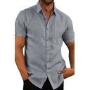 Men Urban Shirt Pure Color Turn-down Collar Button Closure Short-sleeved Regular Shirt