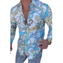 Retro Guys Shirt Printed Button Design Turn-down Collar Long-sleeved Regular Fit Shirt