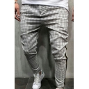 Stylish Mens Drawstring Pants Side Contrast Color Patchwork Plaid Pattern Full Slim Fit Harem Pants