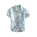 Basic Shirt Solid Color Short Sleeve Point Collar Button down Loose Fitted Shirt Top for Men
