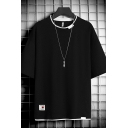 Street Look Mens T-Shirt Solid Color Fake Two Pieces Label Half-Sleeved Round Neck Loose Fitted T-Shirt
