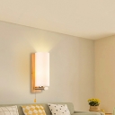 1-Head Bedside Pull Chain Sconce Light Simple Wood Wall Light with Cylinder White Glass Shade