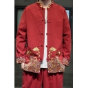 Men Retro Jacket Embroidery Pattern Stand Collar Horn Button Long-sleeved Loose Jacket