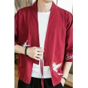 Cool Coat Crane Embroidery Printed 3/4 Sleeves Open Front Loose Fitted Coat for Men