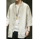 Unique Solid Color Men’s Jacket Stand Collar Button Embellished 3/4 Sleeve Relaxed Fit Coat