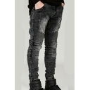Elegant Jeans Pleated Designed Mid Rise Skinny Full Length Zip Placket Jeans for Men