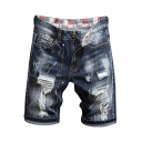 Dashing Mens Jeans Ripped Ink Splash Mid-Rise Zip Closure Knee Length Straight Jeans