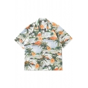 Men Fancy Shirts Tropical Print Notched Collar Short Sleeve Chest Pocket Button up Relaxed Fit Shirts in White