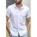 Modern Shirt Solid Color Stand Collar Short Sleeve Single Breasted Slim Fitted Shirt for Men