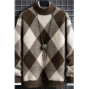 Boyish Guys Sweater Plaid Pattern Long Sleeved Mock and Turtleneck Regular Sweater