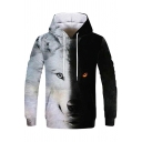 Men Cozy Hoodie Wolf Pattern Drawcord Kanga Pocket Long-sleeved Loose Fit Hoodie