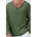 Casual Tee Top Solid Color Long Sleeve V-Neck Loose Fit Tee Top for Men