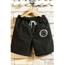 Stylish Mens Shorts Smile Print Drawstring Elastic Waist Mid-Rised Relaxed Fitted Shorts