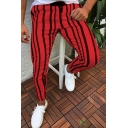 Mens Dashing Drawstring Pants Color Block Stripe Pattern Full Length Slim Fit Pants