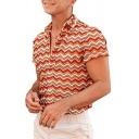 Men Fancy Shirt Chevron Pattern Short Sleeve Point Collar Button down Loose Shirt Top in Brown