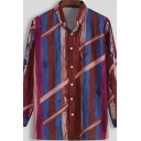 Modern Shirt Stripe Print Button-down Collar Long-Sleeved Slim Fit Button Closure Shirt Top for Men