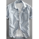 Guys Leisure Shirt Stripe Pattern Short Sleeve Point Collar Button up Chest Pocket Loose Shirt Top