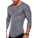 Simple Mens T-Shirt Solid Color Long-Sleeved Ribbed Curved Hem Round Neck Slim Fit T-Shirt