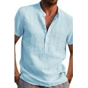 Fashionable Guys Shirt Plain Henley Collar Pocket Detailed Short Sleeves Loose Shirt