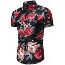 Trendy Mens Button Detail Shirt Short Sleeves Flower Pattern Lapel Collar  Slim Fit Shirt