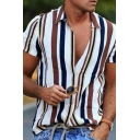 Dashing Guys Shirt Stripe Printed Single-Breasted Collar Short-sleeved Loose Shirt