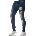 Leisure Mens Jeans Solid Color Mid-Rised Knee Broken Hole Zipper Placket Tight-Fit Long Jeans