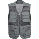 Modern Vest Solid Mesh Decoration Zip Closure Pocket V-Neck Regular Vest for Men