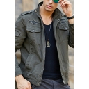Street Look Mens Jacket Plain Long Sleeve Spread Neck Zipper Up Detail Regular Fitted Jacket with Pockets