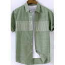 Stylish Green Shirt Patchwork Stripe Print Short Sleeve Point Collar Button up Regular Shirt Top for Men