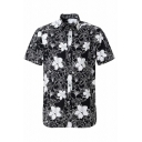 Creative Guys Button Shirt All Over Floral Pattern Turn-down Collar Short Sleeves Loose Fitted Shirt