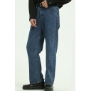 Popular Guy's Jeans Plain Mid Waist Loose Long Straight Zipper Placket Jeans