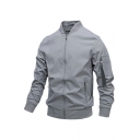 Leisure Mens Jacket Plain Color Stand Collar Long-Sleeved Zipper Closure Regular Fit Jacket with Pockets