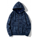 Street Style Mens Hoodie Camouflage Print Kangaroo Pocket Zipper Long Sleeves Loose Fit Drawcord Hoodie